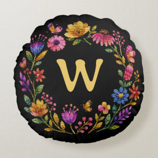 Personalisierter floraler Schmetterlings-Monogramm Rundes Kissen