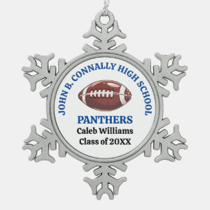 Personalisierter Footballspieler der Blue High Sch Schneeflocken Zinn-Ornament
