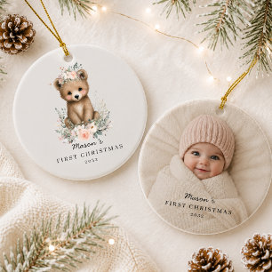 Personalisierter Foto-Bär zum ersten Weihnachten d Keramik Ornament