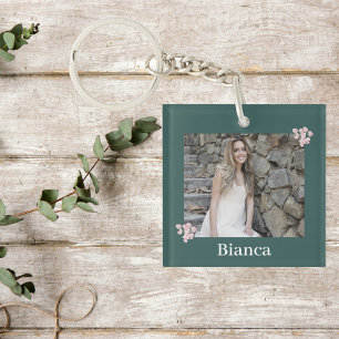 Personalisierter Foto Name Rosa Blumenjäger Grün Schlüsselanhänger