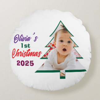 Personalisierter Foto-Olivias 1. Weihnachtsbaum Rundes Kissen