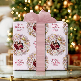 Personalisierter Foto-Rosa-und-Gold-Weihnachtskran Geschenkpapier