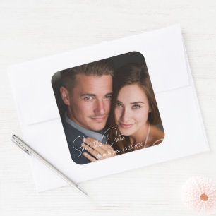 Personalisierter Foto- & Text-Hochzeitsaufkleber Quadratischer Aufkleber