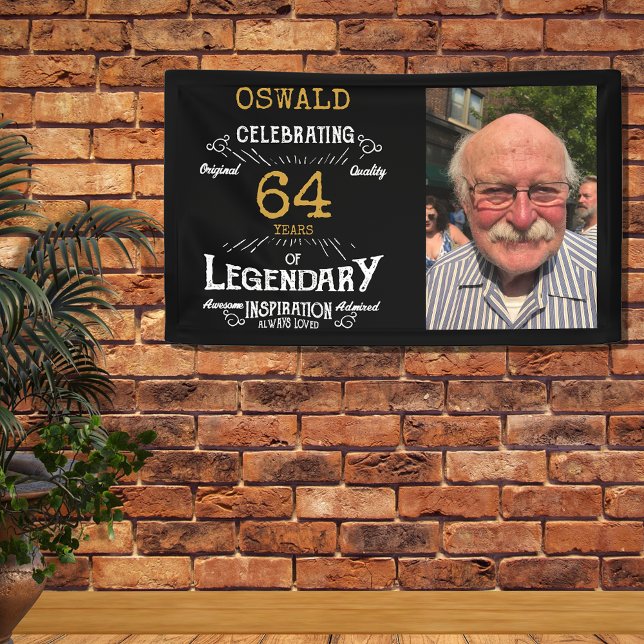 Personalisierter Fotovorlage Vater Geburtstag Lege Banner (Birthday wall banner in black and gold. Photo template and personalized text.)