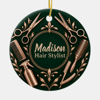 Personalisierter Friseur-Stylist Smaragd-Roségold Keramik Ornament