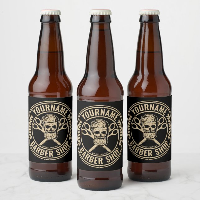 Personalisierter Friseursalon Skull Rockabilon Bierflaschenetikett (Flaschen)