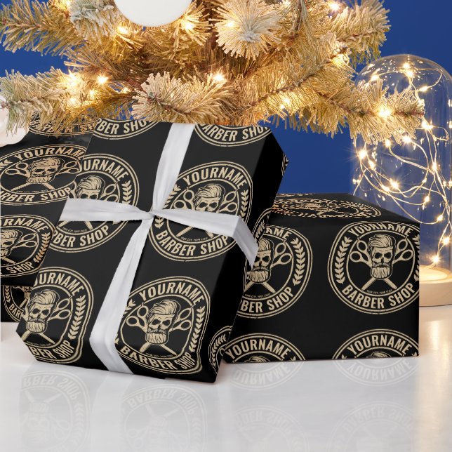 Personalisierter Friseursalon Skull Rockabilon Geschenkpapier (Feiertage)