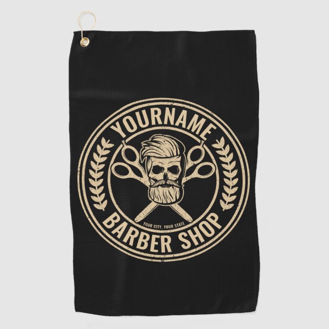 Personalisierter Friseursalon Skull Rockabilon Golfhandtuch (Vorderseite)