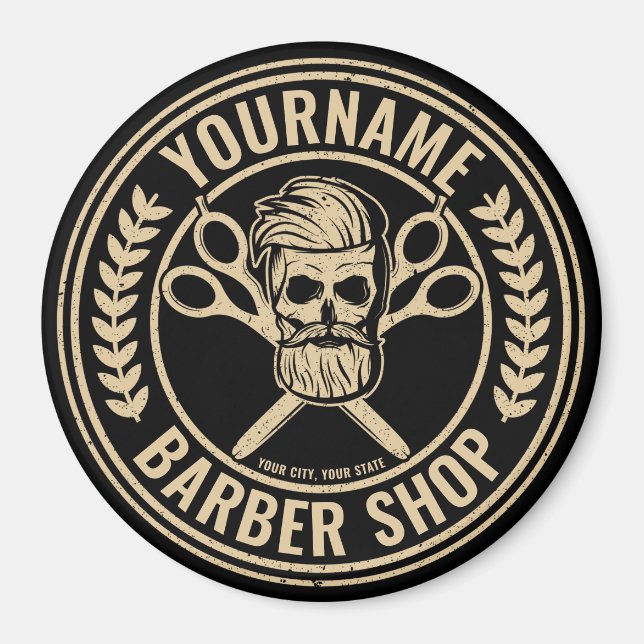 Personalisierter Friseursalon Skull Rockabilon Magnet (Vorne)
