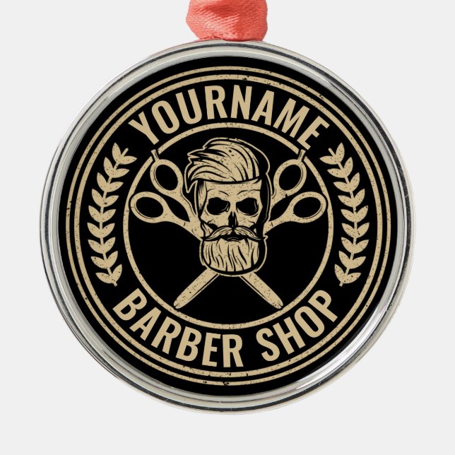 Personalisierter Friseursalon Skull Rockabilon Ornament Aus Metall (Vorne)