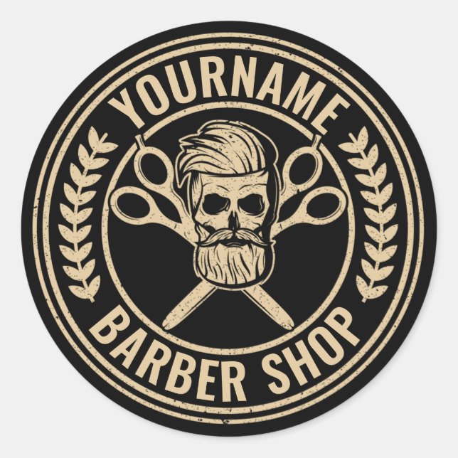 Personalisierter Friseursalon Skull Rockabilon Runder Aufkleber (Vorderseite)