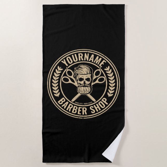Personalisierter Friseursalon Skull Rockabilon Strandtuch (Vorderseite)