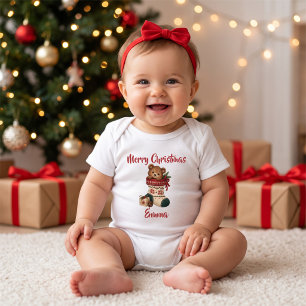 Personalisierter Frohe Weihnachten Bär Strumpf für Baby Strampler