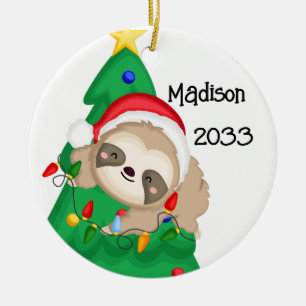 Personalisierter Frohe Weihnachten Faultier Baum Keramik Ornament