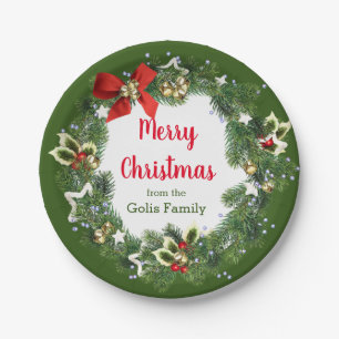 Personalisierter Frohe Weihnachten Feiertags-Kranz Pappteller