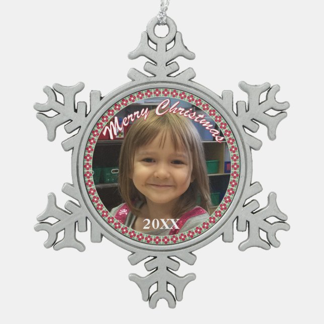 Personalisierter Frohe Weihnachten Schneeflocken Zinn-Ornament (Vorderseite)