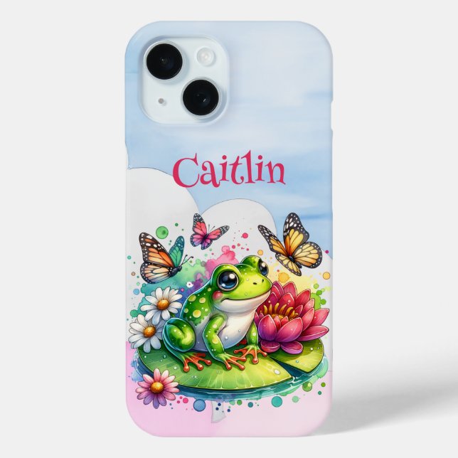Personalisierter Frosch, Blume und Schmetterlinge Case-Mate iPhone Hülle (Rückseite)