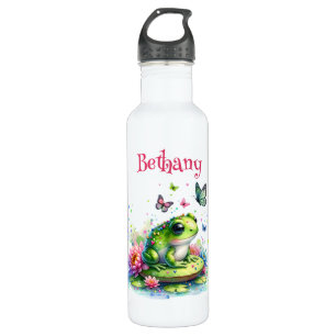Personalisierter Frosch, Blume und Schmetterlinge Edelstahlflasche