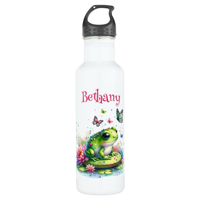 Personalisierter Frosch, Blume und Schmetterlinge Edelstahlflasche (Vorderseite)