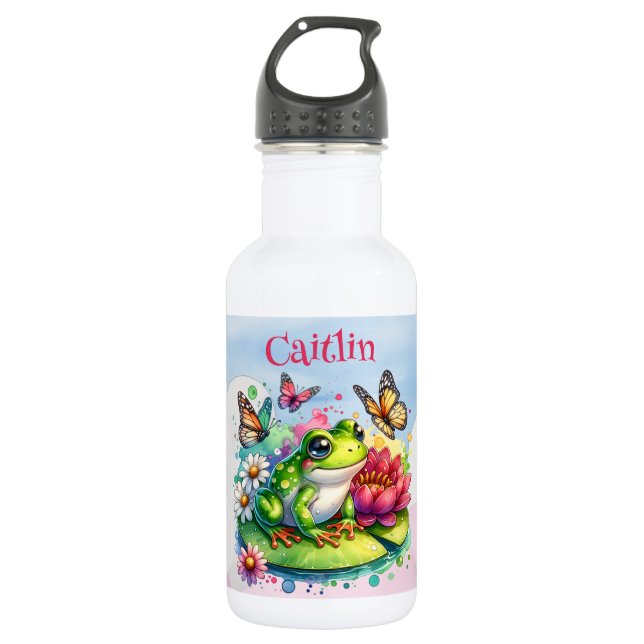 Personalisierter Frosch, Blume und Schmetterlinge Edelstahlflasche (Vorderseite)