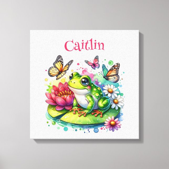 Personalisierter Frosch, Blume und Schmetterlinge Leinwanddruck (Vorderseite)