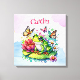 Personalisierter Frosch, Blume und Schmetterlinge Leinwanddruck
