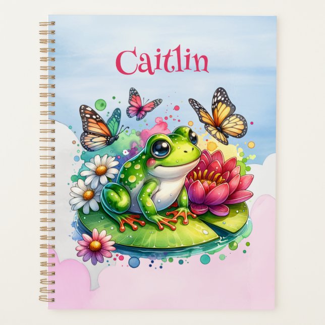 Personalisierter Frosch, Blume und Schmetterlinge Planer (Vorderseite)