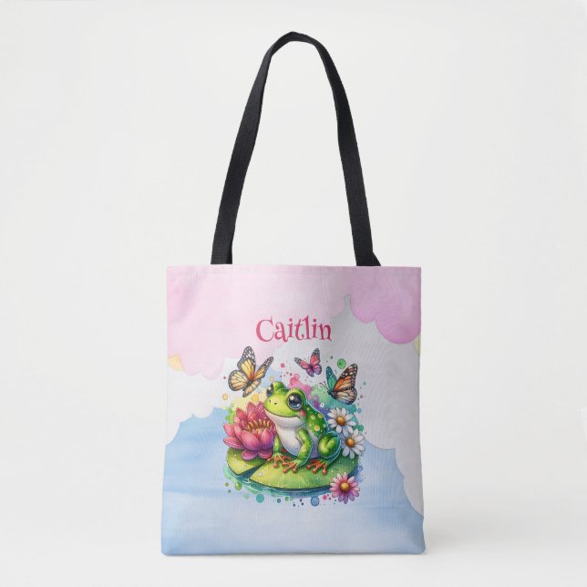 Personalisierter Frosch, Blume und Schmetterlinge  Tasche (Vorderseite)