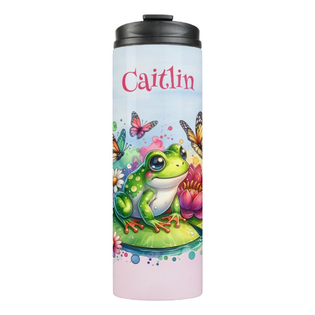 Personalisierter Frosch, Blume und Schmetterlinge Thermosbecher (Vorderseite)