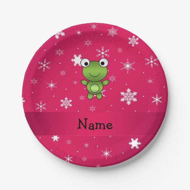 Personalisierter Frosch Rosa Schneeflocken Pappteller (Vorderseite)