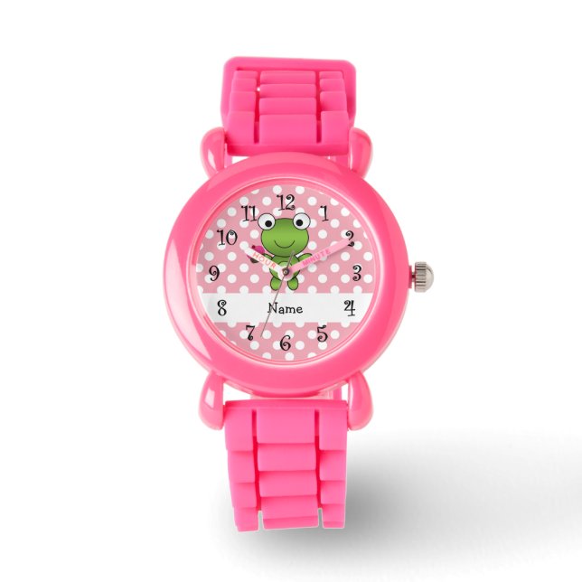 Personalisierter Froschkuchen Pink Polka Punkte Armbanduhr (Vorderseite)