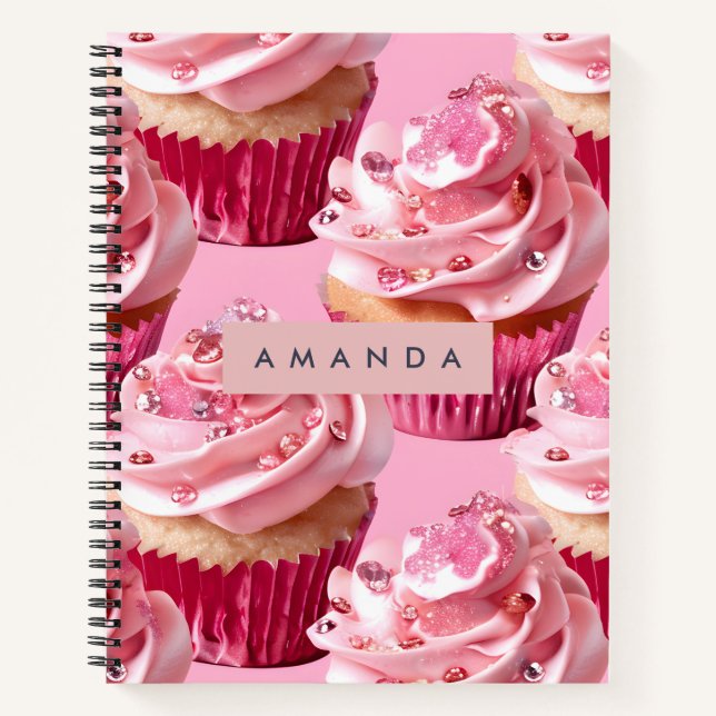 Personalisierter Funkel Glam Rosa Cupcake Genuss Notizbuch (Vorderseite)