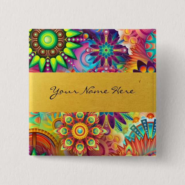Personalisierter Funky Boho Blumenflammen-Mandalas Button (Vorderseite)