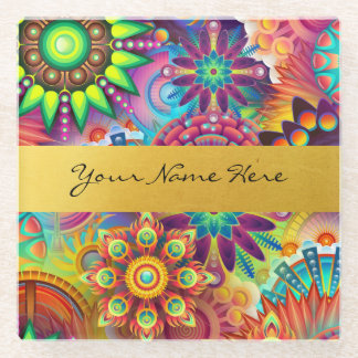Personalisierter Funky Boho Blumenflammen-Mandalas Glasuntersetzer