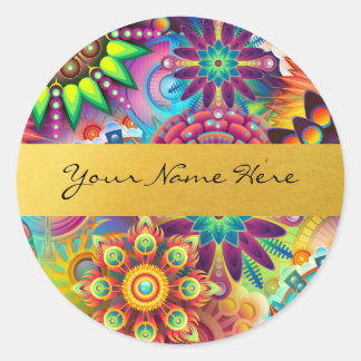 Personalisierter Funky Boho Blumenflammen-Mandalas Runder Aufkleber