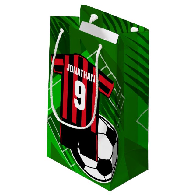Personalisierter Fußball Jersey rote und schwarze Kleine Geschenktüte (Rückseite Schrägansicht)