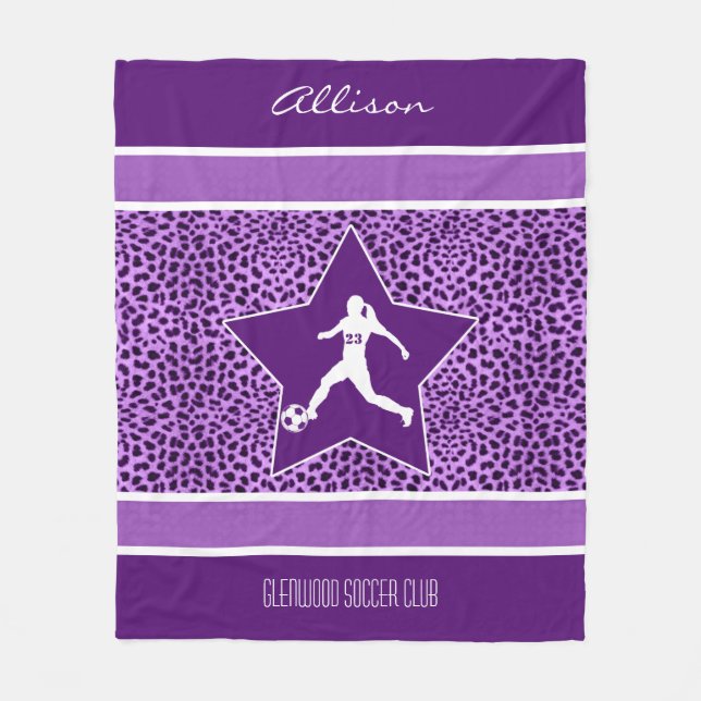 Personalisierter Fußballlila Cheetah-Druck Fleecedecke (Vorderseite)