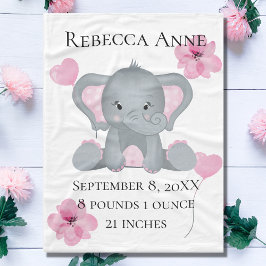 Personalisierter Geburtsstat Baby Elephant Pink Gr Fleecedecke