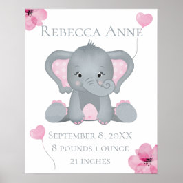 Personalisierter Geburtsstat Baby Elephant Pink Gr Poster