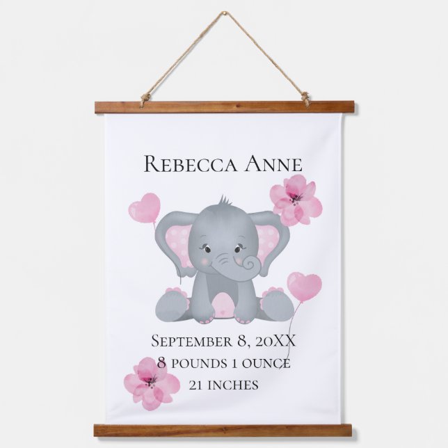 Personalisierter Geburtsstat Baby Elephant Pink Gr Wandteppich Mit Holzrahmen (Vorderseite)