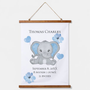 Personalisierter Geburtsstats Baby Elephant Blue G Wandteppich Mit Holzrahmen