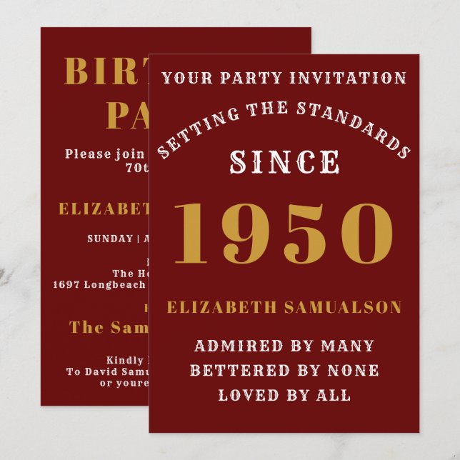 Personalisierter Geburtstag 1950 Elegantes Chic Re Einladung (Vorne/Hinten)