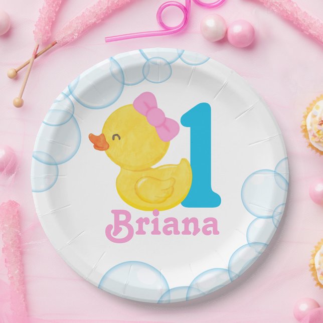 Personalisierter Geburtstag der Girl Rubber Duck Pappteller (Girl Watercolor Rubber Duck Birthday Age Paper Plates)