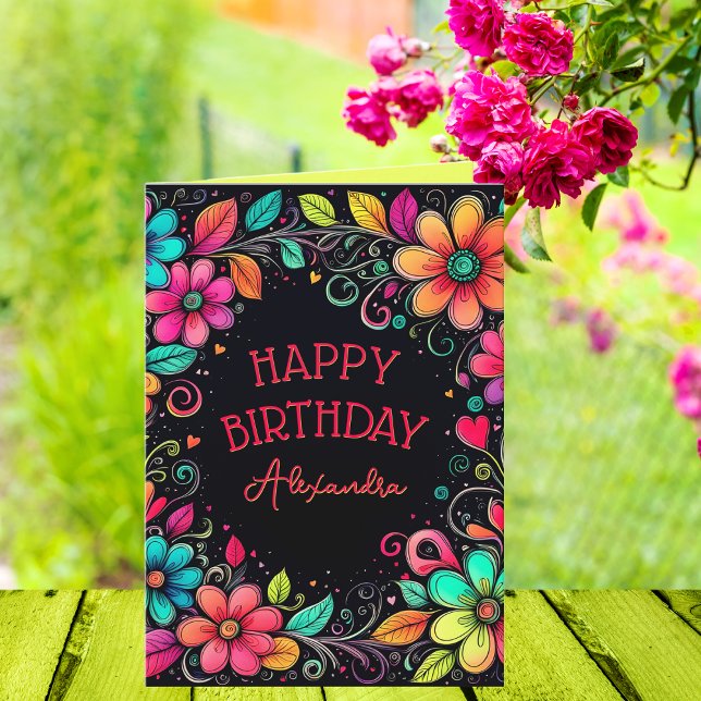 Personalisierter Geburtstag mit farbenfroher Blüte Karte (A cute, colorful personalized card with a retro vibe!)