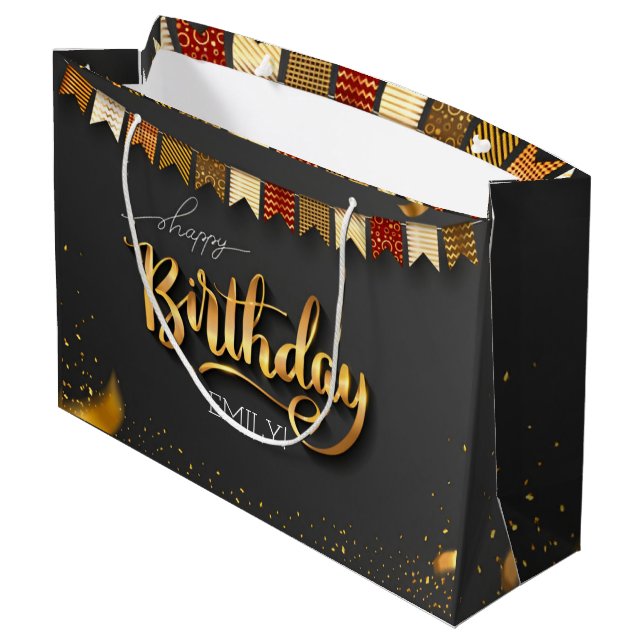 Personalisierter Geburtstag Schwarz und Goldstreif Große Geschenktüte (Rückseite Schrägansicht)
