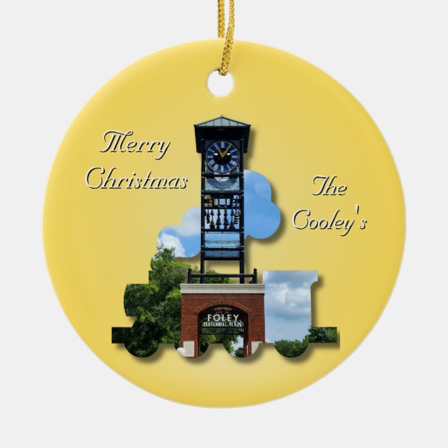 Personalisierter (gelber) Foley-Uhr-Turm und -Zug Keramik Ornament (Vorne)