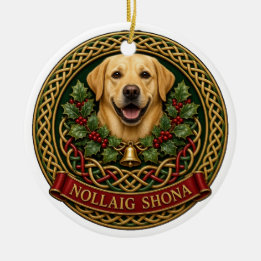 Personalisierter gelber Lab Nollaig Shona Knoten Keramik Ornament