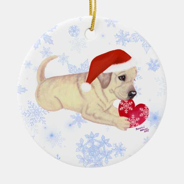 Personalisierter gelber Labrador-Welpen-Sankt Hut Keramik Ornament (Vorne)