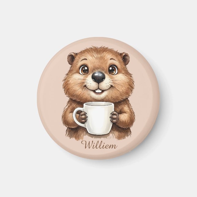 Personalisierter gemütlicher Kaffee-Biber-Waldmorg Magnet (Vorne)