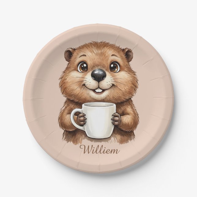 Personalisierter gemütlicher Kaffee-Biber-Waldmorg Pappteller (Vorderseite)